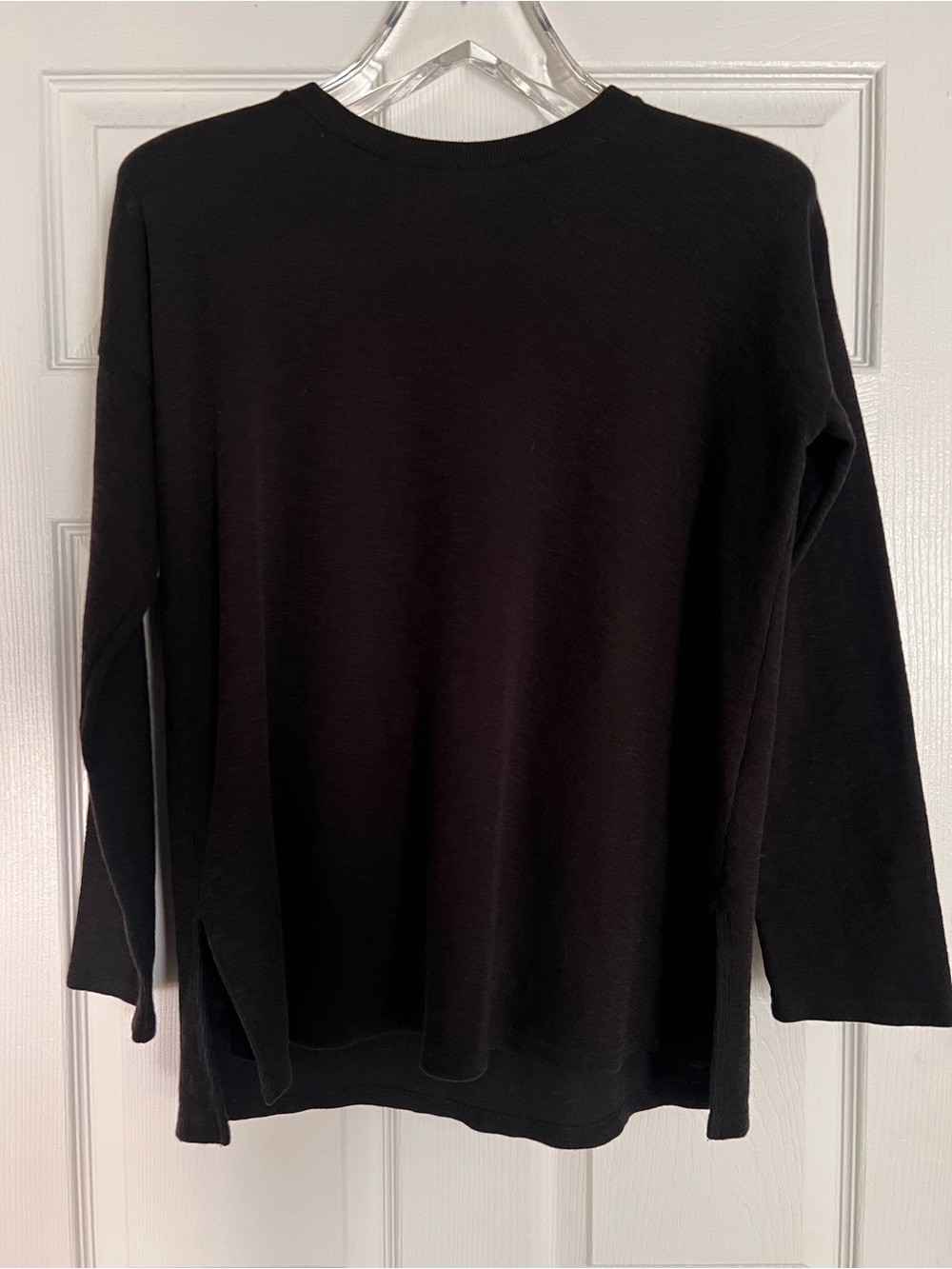 Eileen Fisher Black Ribbed Crew Neck 100% Cotton Tunic Top Side Slits - Size XS